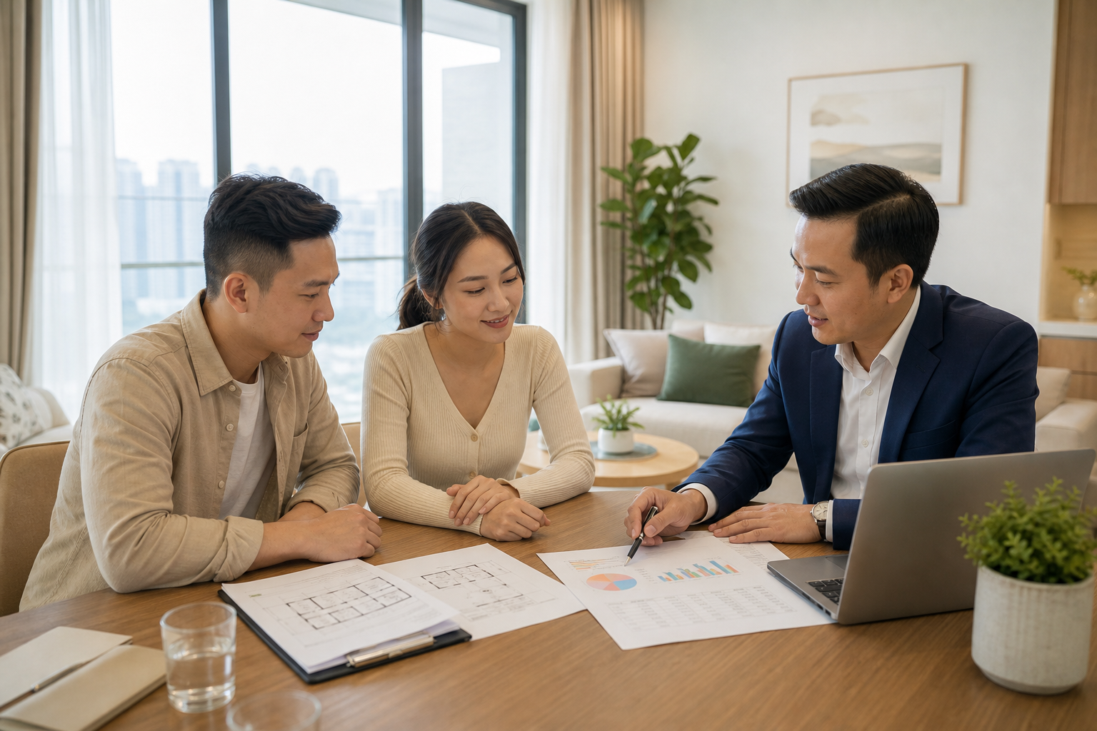 Người mua và chủ nhà thương lượng giá bất động sản trong căn hộ hiện đại